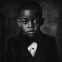 Black and White Portrait of a Young Boy in a Tuxedo. A striking monochrome image ideal for fashion, elegance, or children's themes. photo