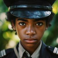 Portrait of a Young Person in a Uniform, Close Up. A serious and intense close up image of a young person wearing a captain's hat. photo
