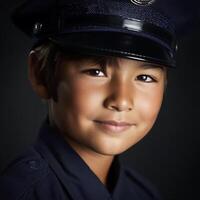 Portrait of a Young Boy in a Police Officer's Cap, Close Up. A serious and endearing image of a child in uniform. photo