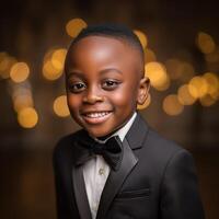 Portrait of a Smiling Young Boy in a Tuxedo Against a Bokeh Background. photo