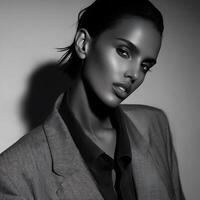 Monochrome Portrait of a Woman in a Herringbone Jacket. A striking close up image of a fashionable female model. photo