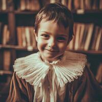 Portrait of a smiling child in historical costume, close up. A young boy dressed in antique clothing poses against a blurred library backdrop. photo