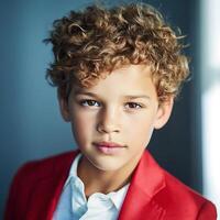 Portrait of a Young Boy with Curly Hair Wearing a Red Blazer. A close up image showcasing his expressive features and stylish attire. photo
