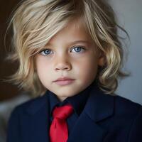 Portrait of a Young Boy in a Suit and Red Tie. A close up image of a child with blonde hair. photo