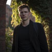Young Man in Black Jacket, Outdoors Portrait. A stylish male model poses against a softly blurred background of greenery. photo