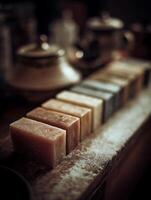 Aromatic Handmade Soap Bars on Rustic Wooden Surface. A close up image showcasing a collection of natural soaps. photo