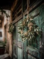 Olive Branch Wreath Hanging on Rustic Door. A close up image of a natural olive branch wreath adorning a weathered wooden door. photo