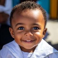 Portrait of a Happy Toddler Boy with a Bright Smile. A close up image of a young child's face, showing his joyful expression. photo