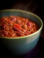 Steaming Bowl of Chili A Close Up of Hearty Beef and Bean Chili. photo