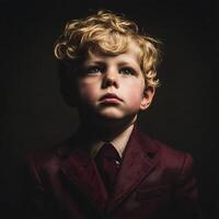 Portrait of a Young Boy in a Suit, Looking Upward. A dramatic close up image of a child in formal attire. photo