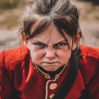 Close Up Portrait of an Angry Young Girl in a Red Coat. A dramatic image capturing a child's intense emotion. photo