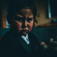 Portrait of a Young Child with a Serious Expression. A close up image showcasing a child's intense emotions. photo