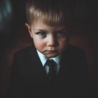 Serious Young Boy in Suit, Close Up Portrait. A pensive expression on a child's face. photo