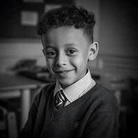 Portrait of a smiling schoolboy in his uniform. A black and white close up image of a young boy. photo