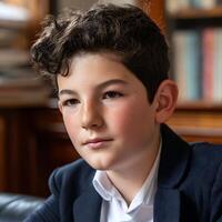 Portrait of a Young Boy in a Blazer, Close Up. A serious and pensive expression on the face of a preteen boy. photo