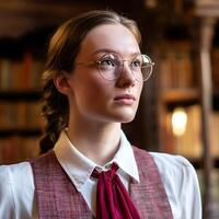 Portrait of a Young Woman in Glasses, Wearing a Red Vest and White Shirt. She is thoughtfully looking upwards in a library setting. photo