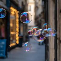 Iridescent Soap Bubbles Floating in a City Alleyway. A close up view of colorful soap bubbles reflecting city lights and buildings. photo