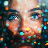 Close Up of a Woman's Face with Colorful Bokeh Lights. Her bright blue eyes stand out against the vibrant background. photo