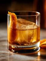 Close up of an Old Fashioned Cocktail with an Orange Peel Garnish. photo