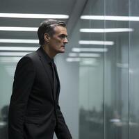 Confident Businessman in Modern Office Building Corridor. A profile view of a man in a suit looking thoughtfully ahead. photo