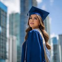 Confident Graduate Posing in Cityscape. A young woman smiles proudly in her graduation gown, against a blurred background of modern city architecture. photo