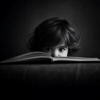 Child's Curious Gaze A Black and White Portrait of a Young Reader. photo