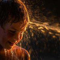 Boy Cooling Off Under Golden Spray of Water. A close up image of a child enjoying the refreshing feeling of water on a hot day. photo