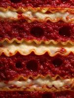 Close Up of Layers of Lasagna, Showing Pasta, Cheese, and Rich Tomato Sauce. photo