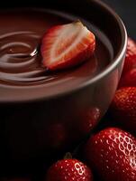 Close Up of Fresh Strawberry in Melted Chocolate. A decadent image perfect for food blogs, chocolate advertisements, and dessert menus. photo