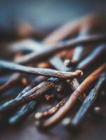 Close Up of Aromatic Vanilla Beans, Rich Textures and Colors. photo