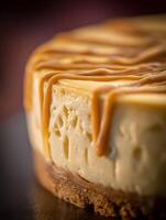 Close Up of Delicious Caramel Drizzled Cheesecake. photo