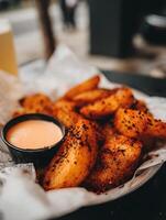 Close Up of Seasoned Potato Wedges with Creamy Dip. photo