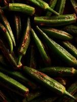 Close Up of Roasted Okra Pods, Rich Textures and Deep Green Hues. photo