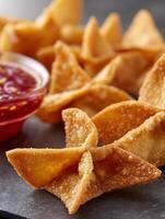 Close Up of Crispy Fried Wontons with Sweet and Sour Sauce. photo