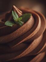 Close Up of Chocolate Ice Cream with Mint Garnish. A delectable image showcasing the rich texture and detail of gourmet chocolate ice cream. photo