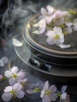 Steaming Pot with Delicate Pink Blossoms. A close up image of cherry blossoms floating in a steaming pot. photo