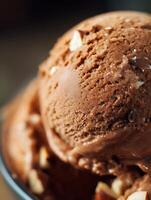 Close up of Chocolate Ice Cream with Hazelnuts. A delectable scoop of rich chocolate ice cream, studded with crunchy hazelnuts. photo