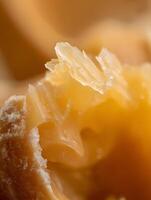 Extreme close up of a broken caramel candy, revealing its texture and golden color. photo