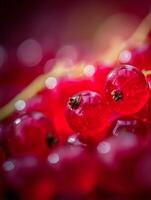 Close Up of Red Currants with Bokeh Background Vibrant Macro Photography of Summer Berries. photo