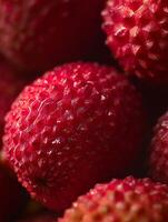 Close up of Fresh Red Lychees, Juicy and Shiny Fruit Texture. photo