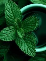 Fresh Mint Leaves and a Cup of Tea A Close Up of Vibrant Green. photo