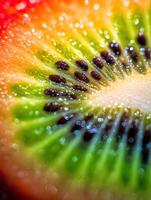 A vibrant close up of a glistening kiwi fruit slice, showcasing its texture and color. photo