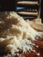 Close up of freshly grated Parmesan cheese on a wooden board. photo
