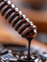 Close Up of Molasses Dripping from a Dipper. A Detailed Image Showing the Texture and Rich Color of the Syrup. photo