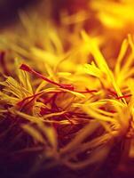 Close up of Saffron Threads, Yellow and Red Spices. photo