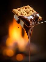 Delicious S mores Dipped in Melted Chocolate Against a Cozy Fireplace Background. photo