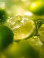 Close up of Lime Slices and Ice Cubes in Refreshing Drink. photo