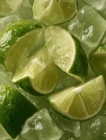Close Up of Lime Slices in Ice Cubes, Refreshing Summer Texture. photo