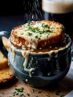 Gourmet French Onion Soup in a rustic bowl, close up view of melted cheese and herbs. photo