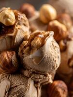 Close Up of Hazelnut Ice Cream with Caramel Drizzle. Indulgent Dessert Photography. photo